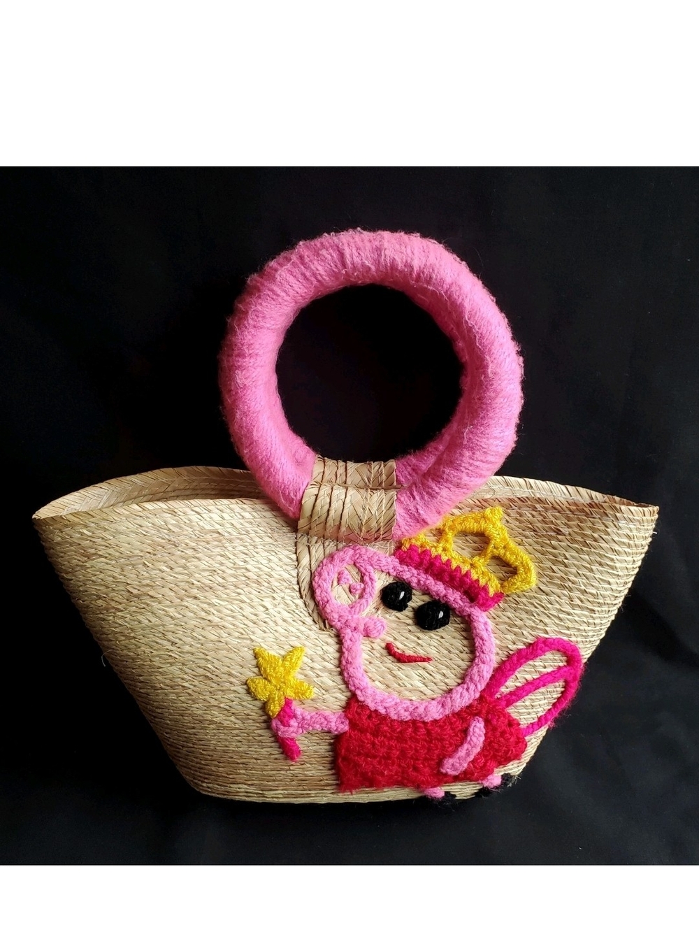 Fabulous Straw Purse With Homemade Crochet Peppa Pig Fairy Design Cute & Unique!